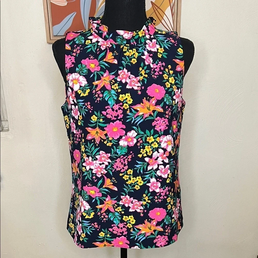 J. Crew Printed Ruffleneck Top Blouse Navy Floral Size XS